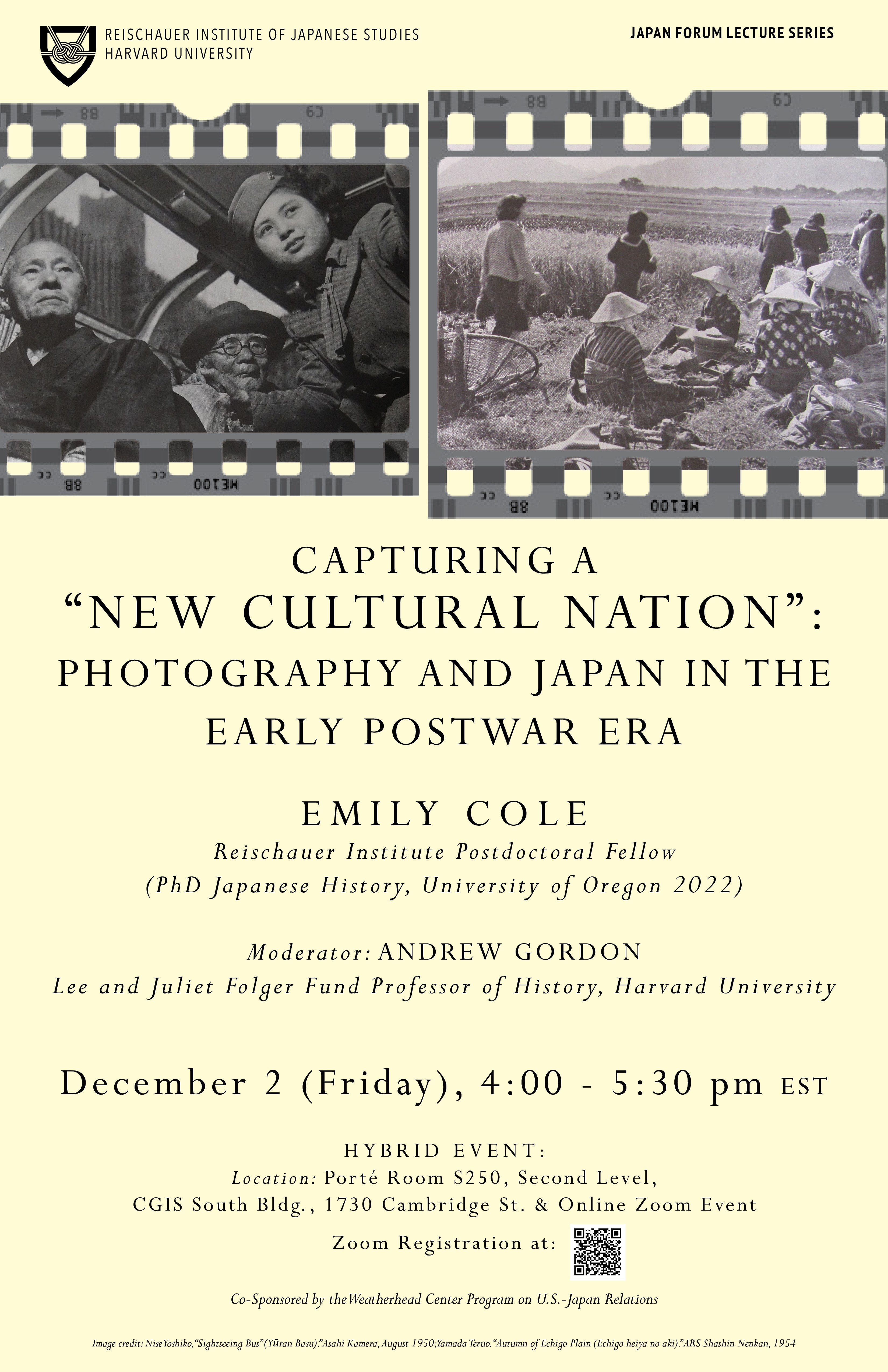 Poster advertising upcoming Japan Forum with Emily Cole. Text on events details is overlaid on a yellow background next to two black and white photographs from post-WWII Japan.